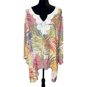 Spense - Multicolor Tropical Leaf Print Beachy Top w/ Crochet Appliqué - Size 1X